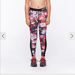Nike Pro Girls Floral Tights in Hyper Crimson